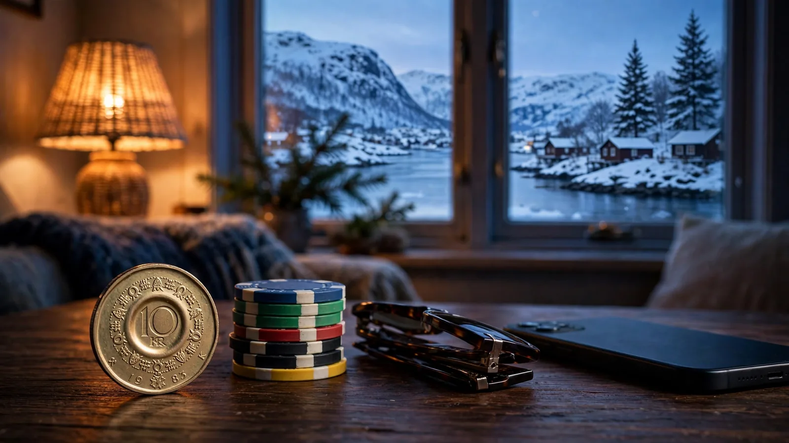Enslig tikronersmynt ved siden av jetonger på et norsk nattbord