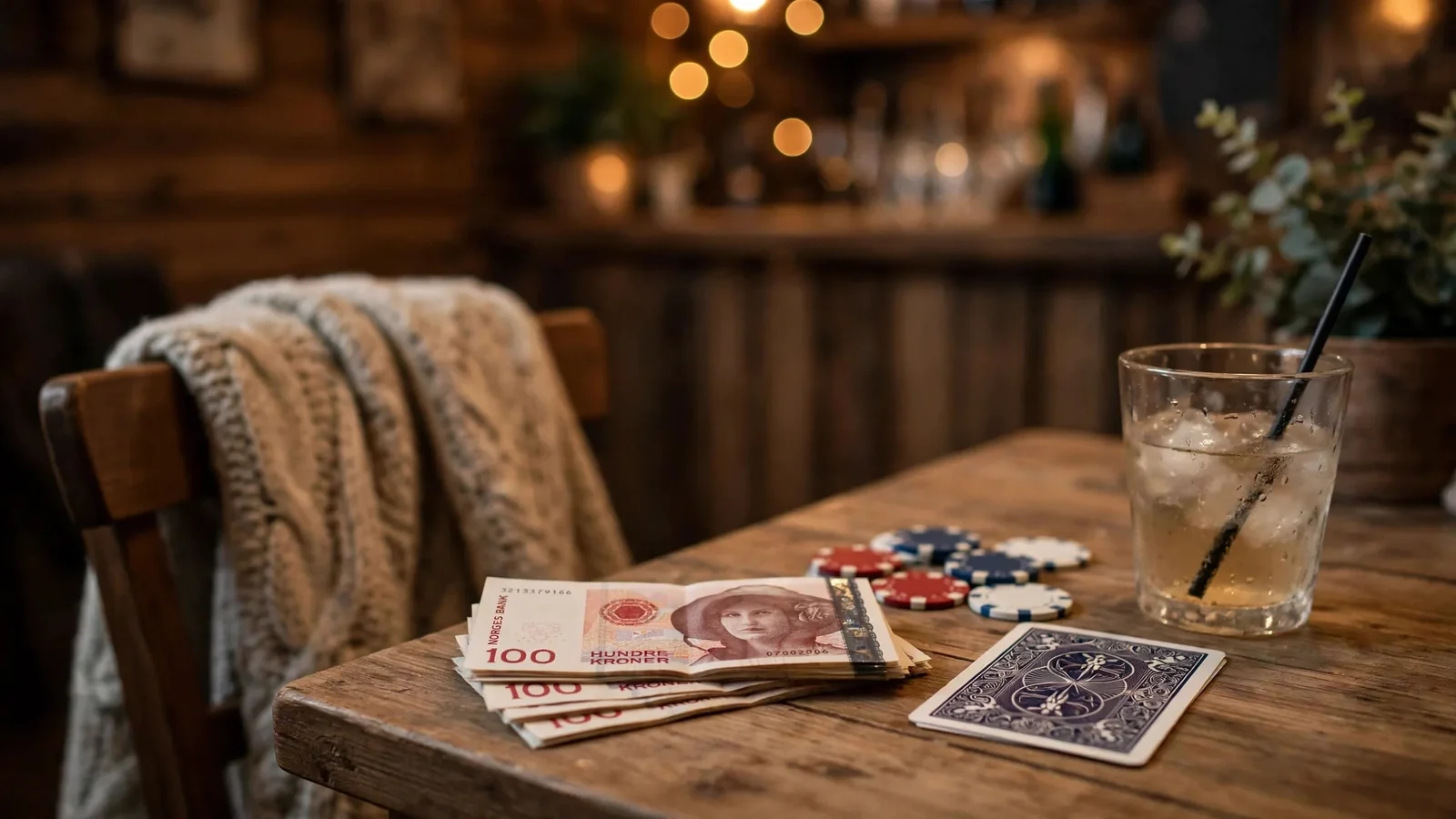 En liten stabel med norske 100-kronersedler ved siden av casinobrikker på et trebord.