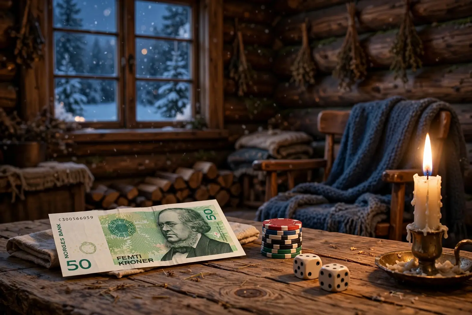 Norsk hytte med 50-kronerseddel og casinobrikker på bordet