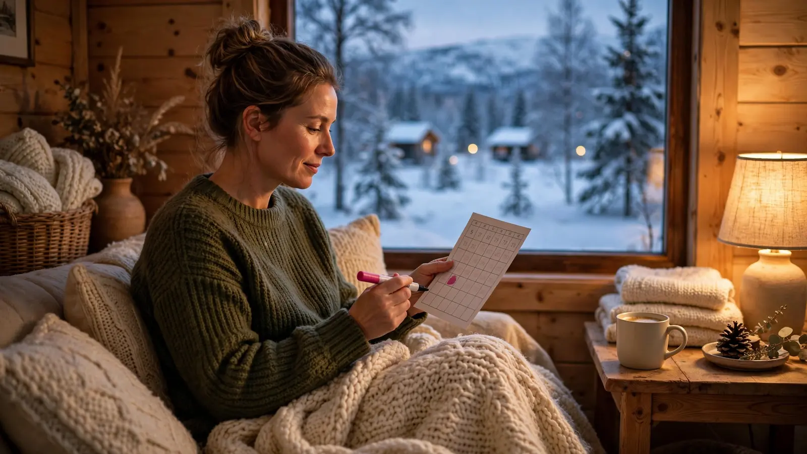 Person med bingobrett og kaffe i en koselig norsk stue