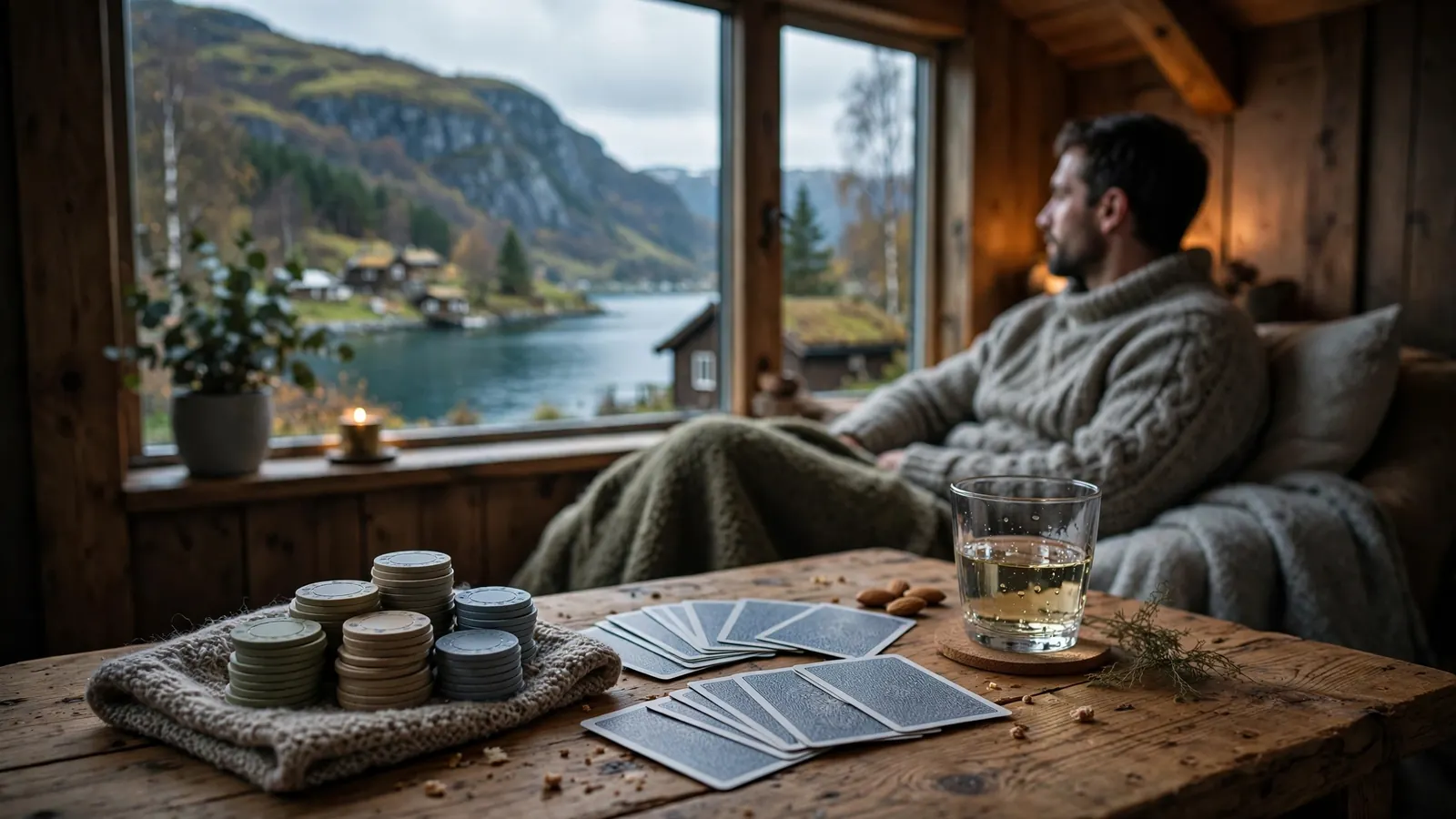 Norsk stue med pokerjetonger, kort og utsikt over en fjord