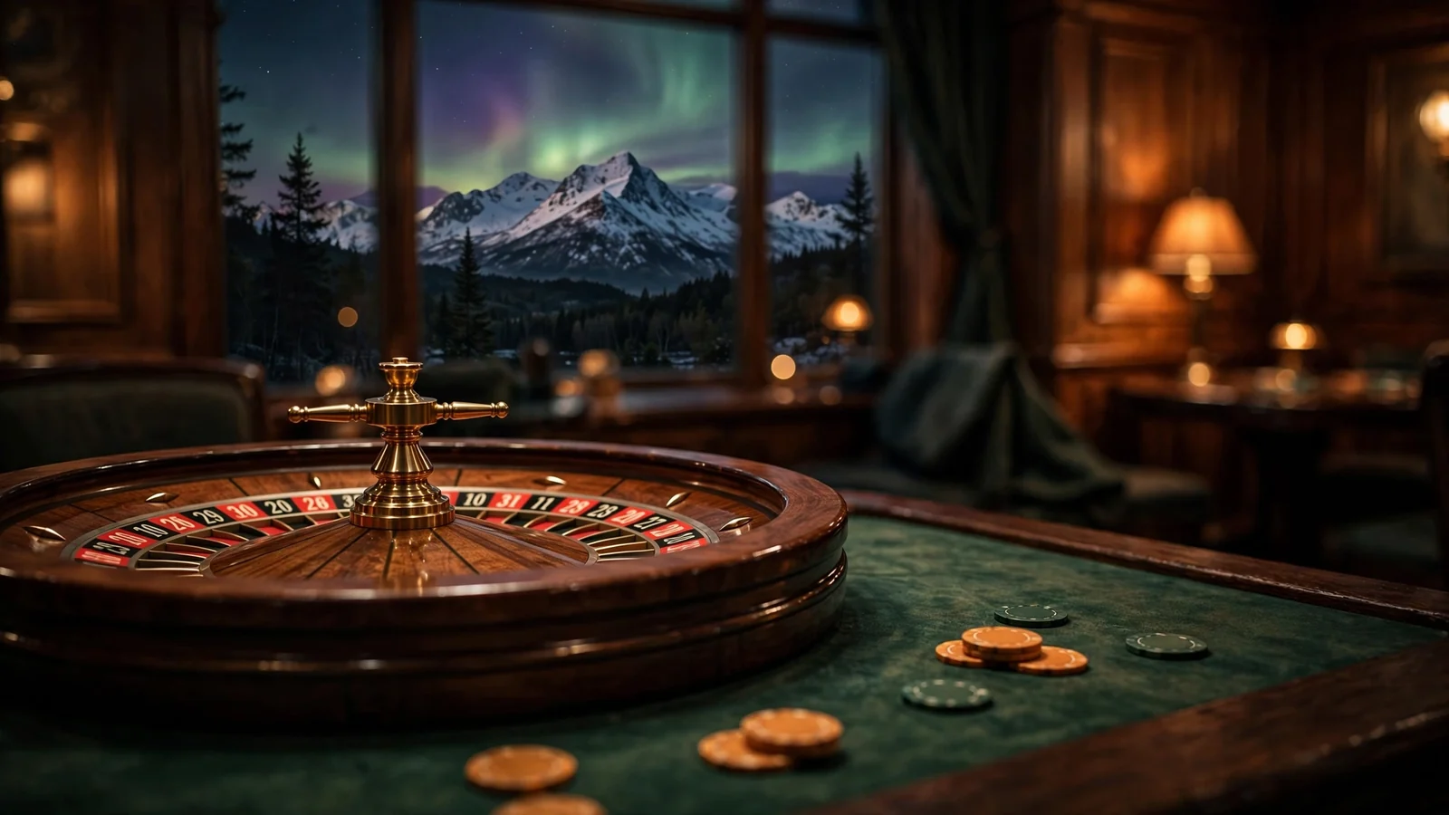 Roulettehjul på et casinobord med norsk fjellandskap i bakgrunnen