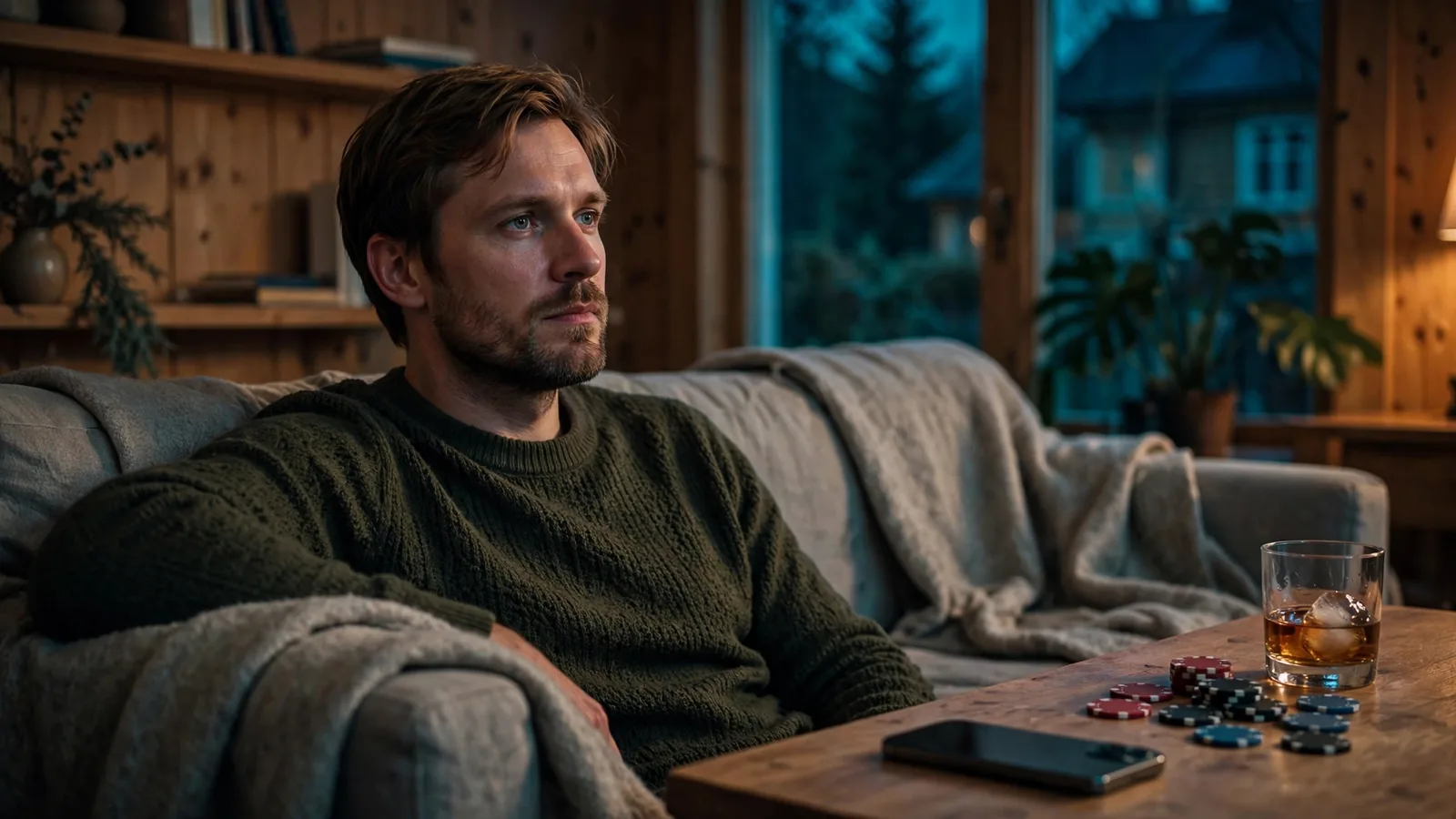Mann i koselig stue med casinobrikker og telefon med skjermen ned