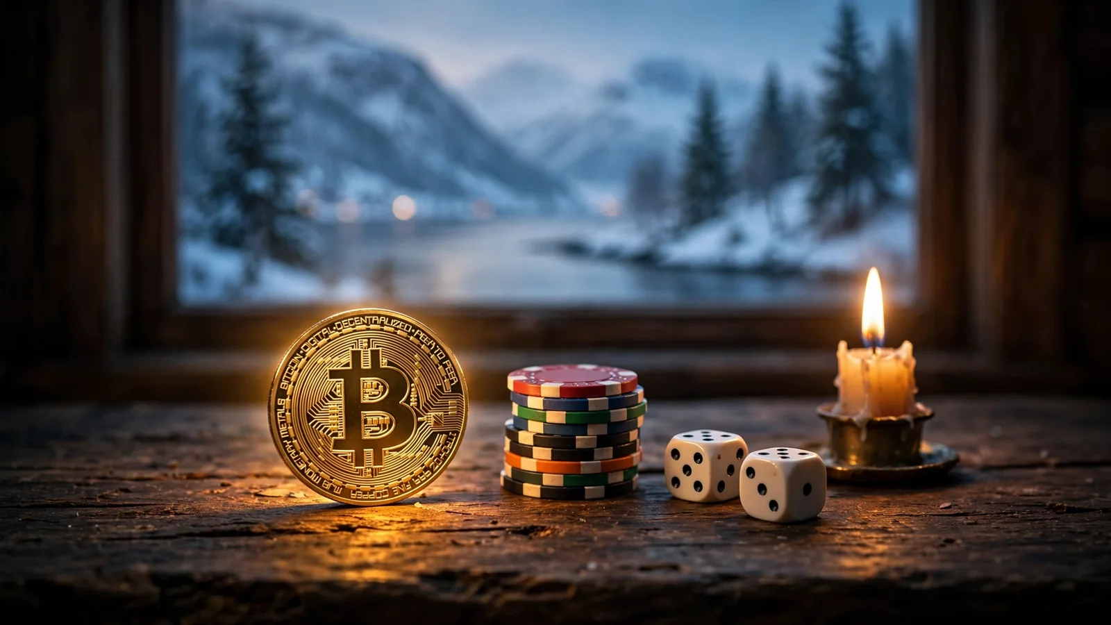 Gull Bitcoin-mynt ved siden av pokerjetonger og terninger på et bord, med norsk fjord i bakgrunnen.