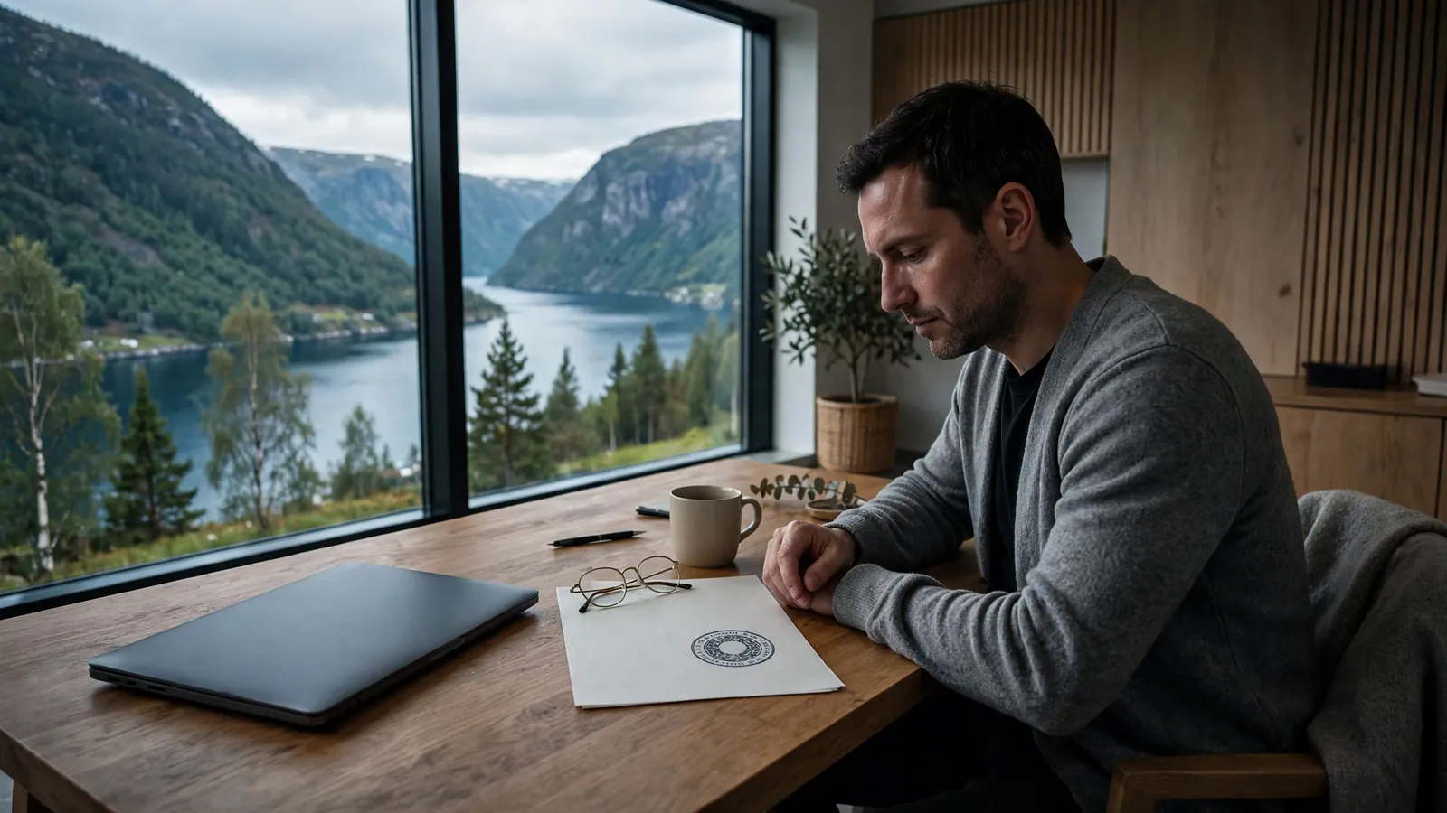 Person som gransker et lisensdokument ved skrivebordet i et nordisk kontor