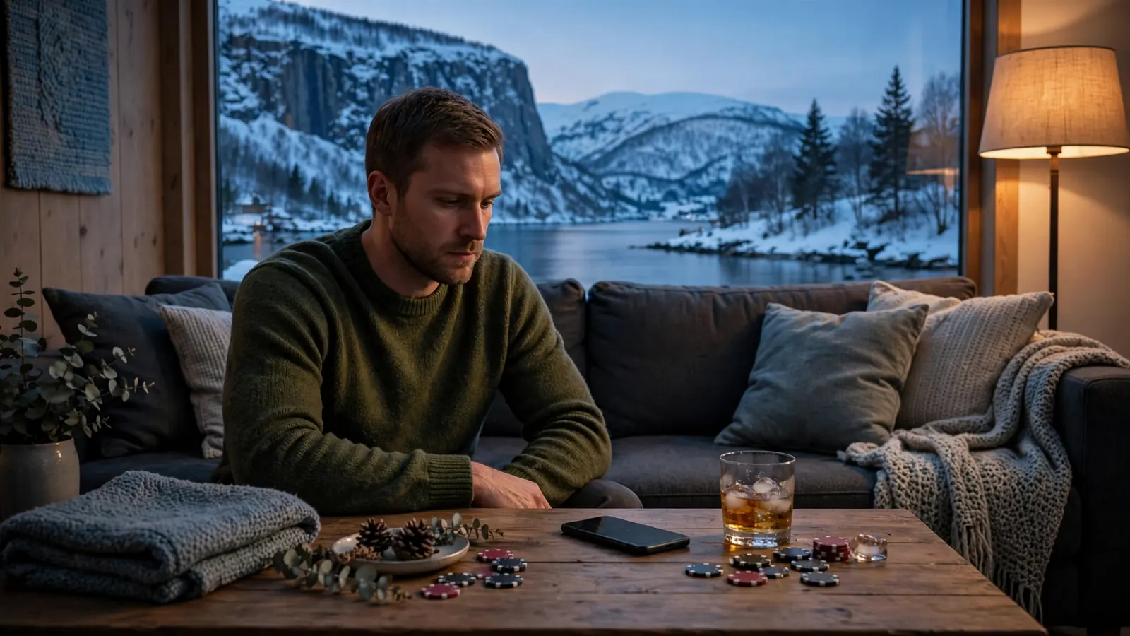 Mann i norsk stue som ser på mobilen ved siden av pokerjetonger