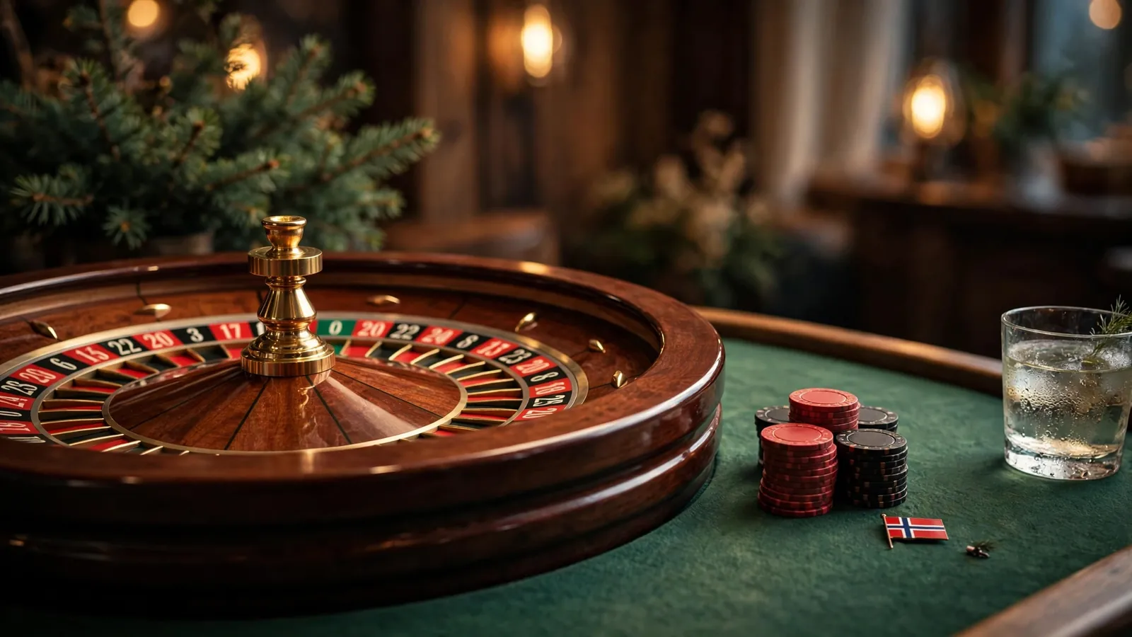 Elegant roulettehjul på casino-bord med jetonger og norsk detalj