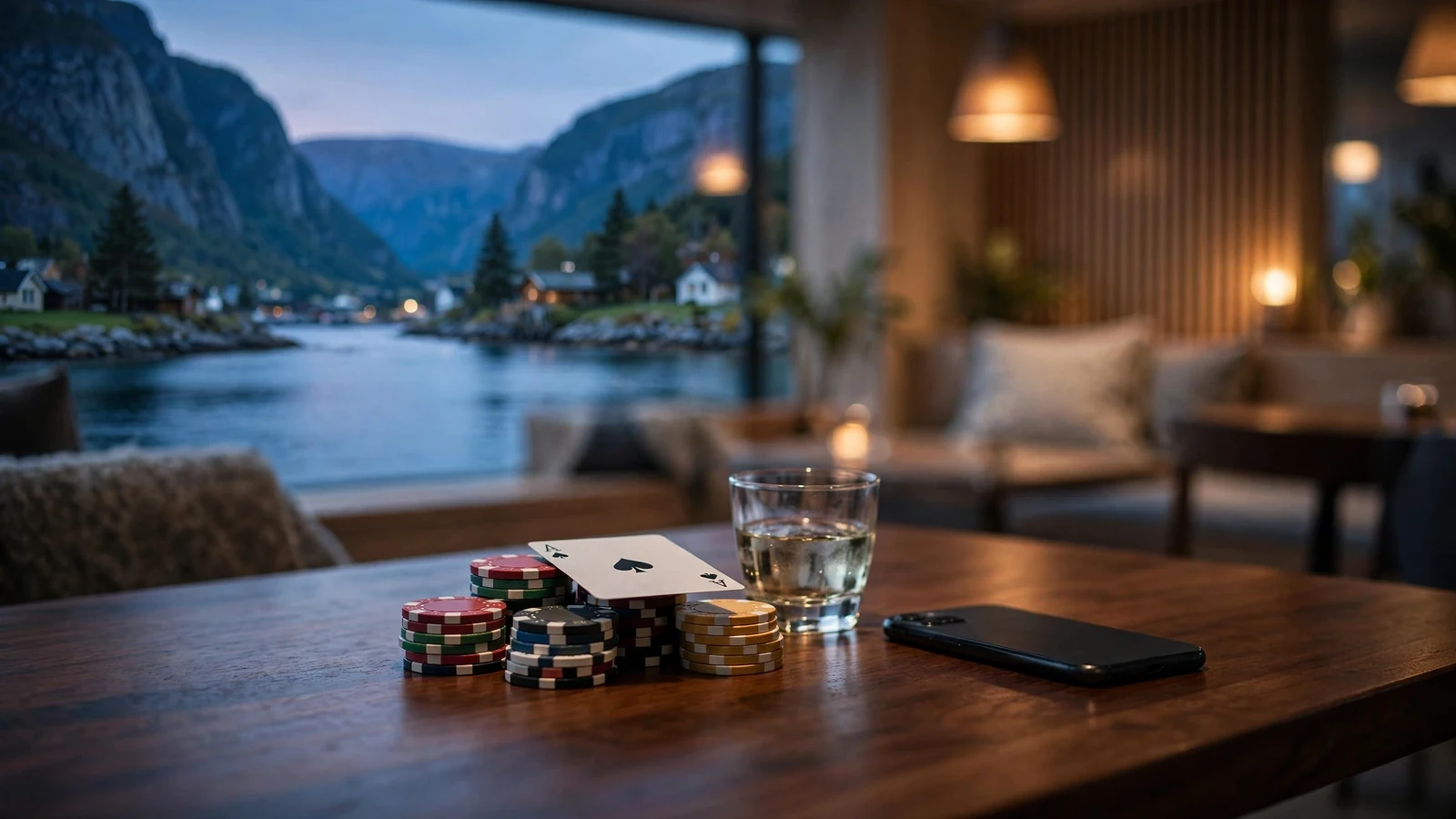 Moderne skandinavisk lounge med casinokjekker, kort og aquavit på bordet