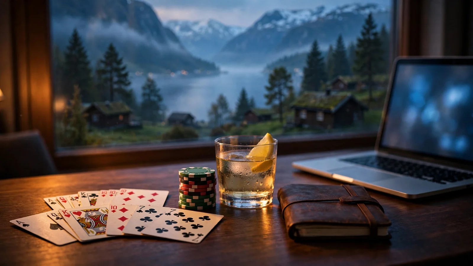 Blackjack-brikker og kort på bord ved norsk fjord-vindu