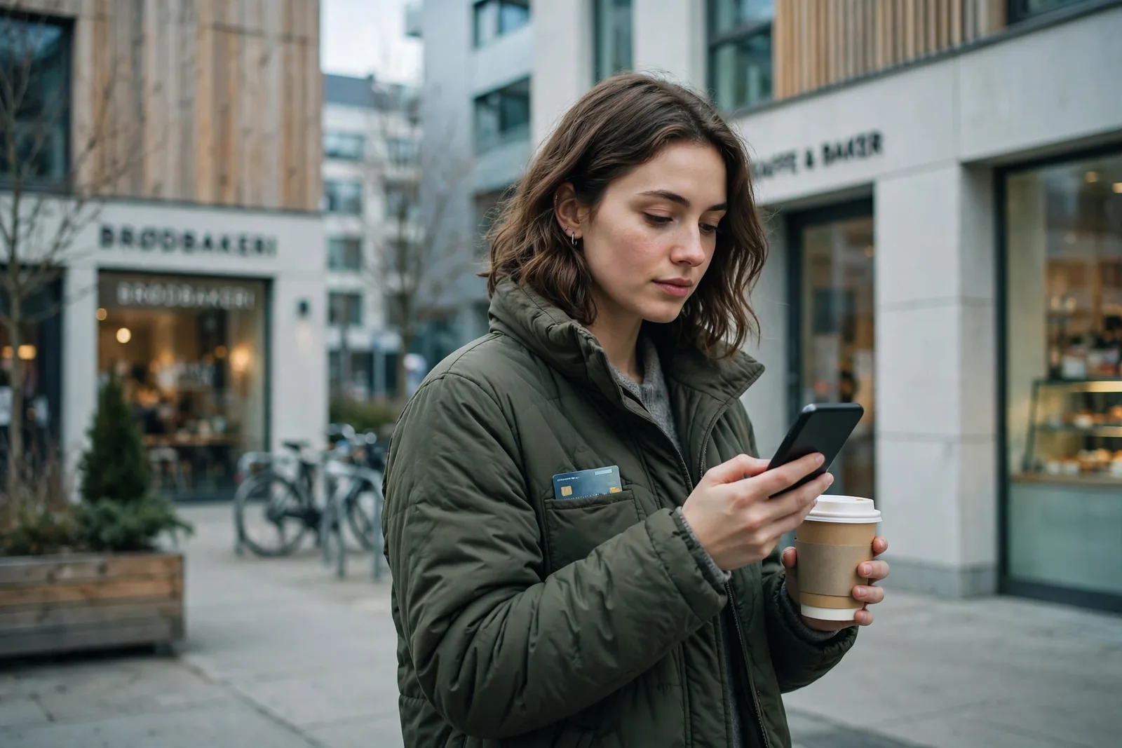 Mann i norsk bygate ser på telefonen mens han venter på uttak