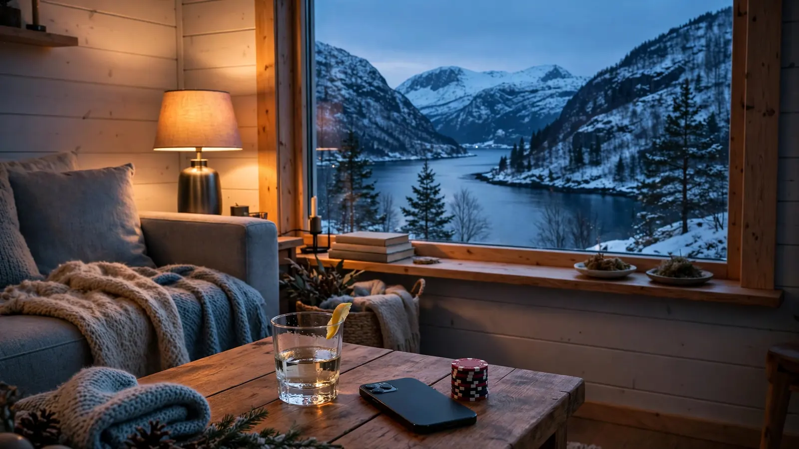 Koselig norsk stue med spillebrikker og utsikt over fjord