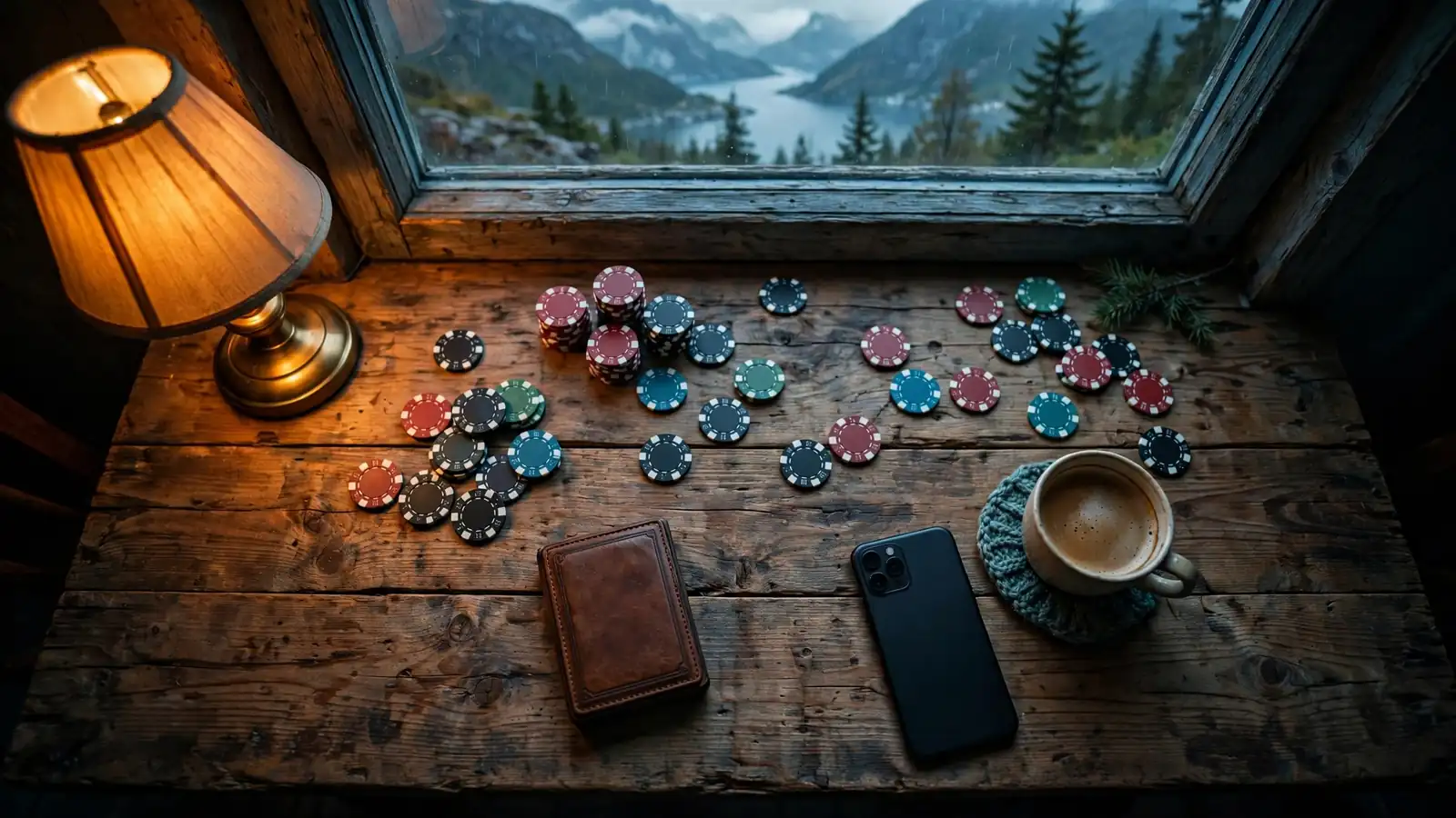 Casinochips, lukket kortstokk og telefon med ansiktet ned på et trebord ved vindu med fjordutsikt