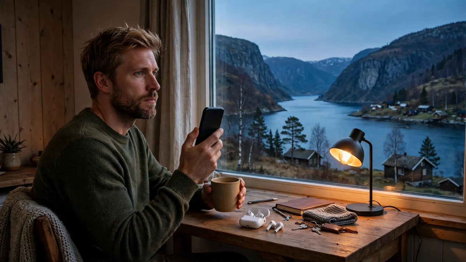 Nordmann sitter ved skrivebordet med mobil vendt bort ved en norsk fjord
