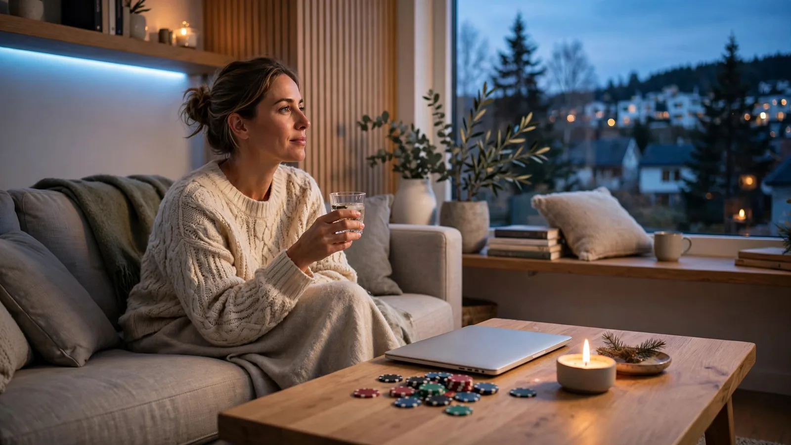 Avslappet person i norsk stue med spillebrikker og drink