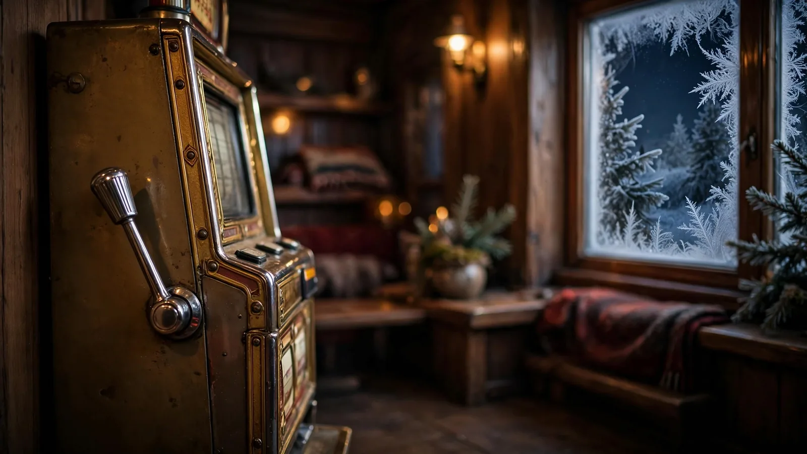 Klassisk spilleautomat i en koselig norsk lounge med vinterlys