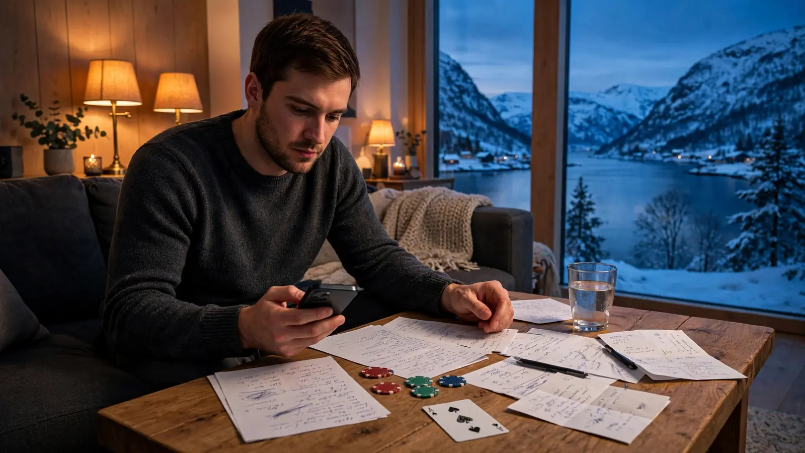 Person som vurderer casinotilbud hjemme med jetonger og notater