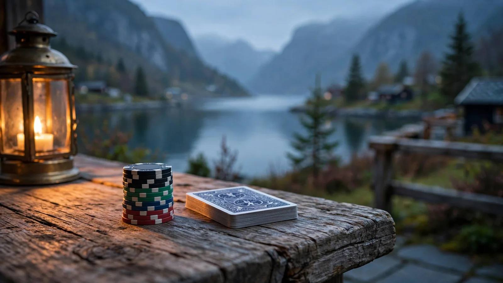 Casinojetonger og kort på rustikt trebord ved norsk fjord i skumringen