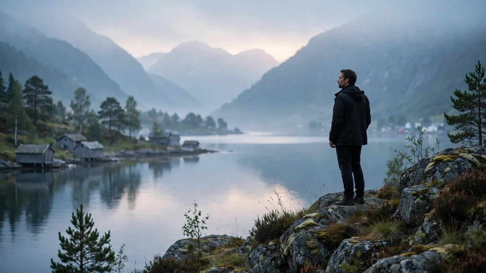 En person som står ved en norsk fjord og ser utover vannet i skumringen