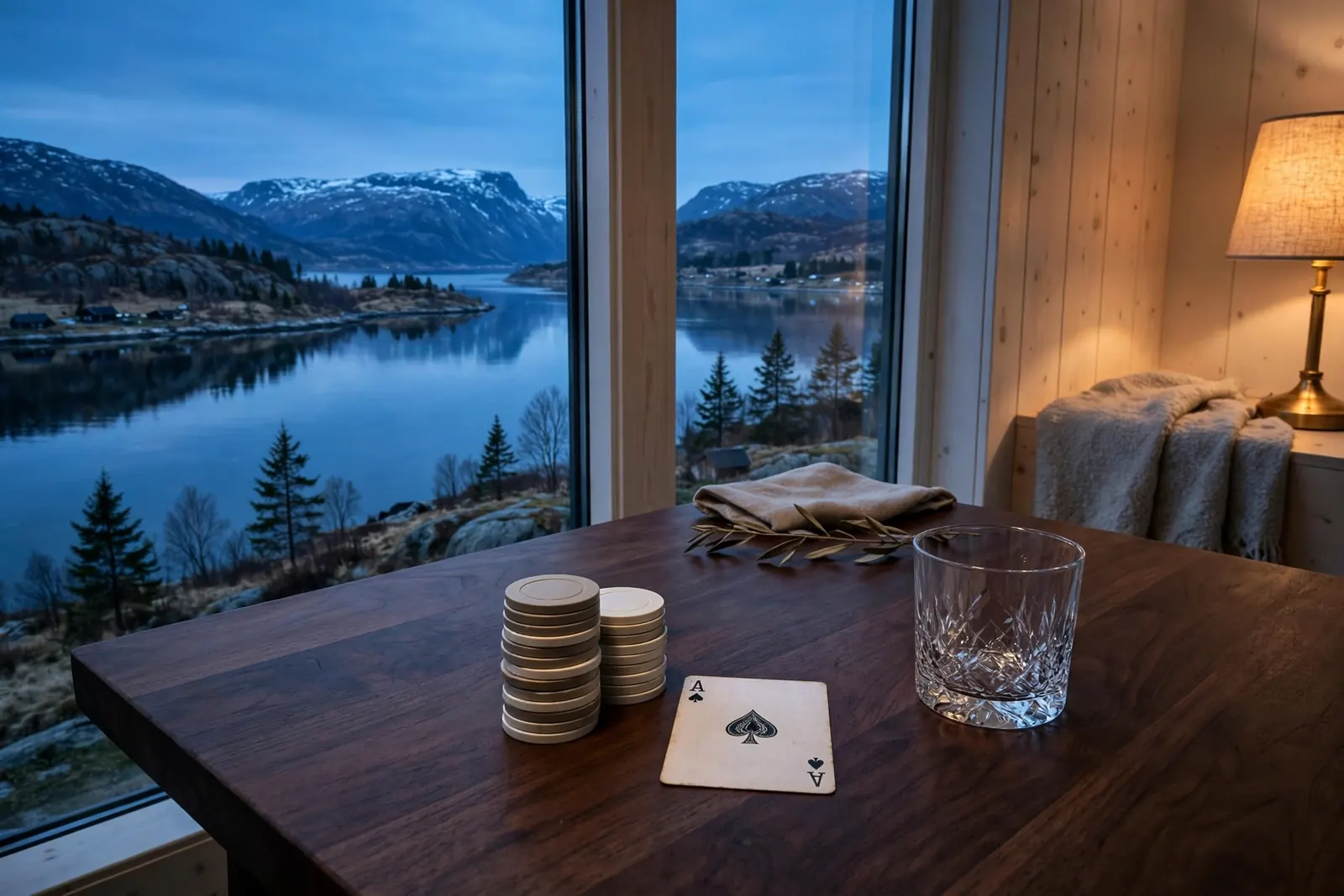 Bord ved norsk fjord i skumring med kasinobrikker og ess i spar