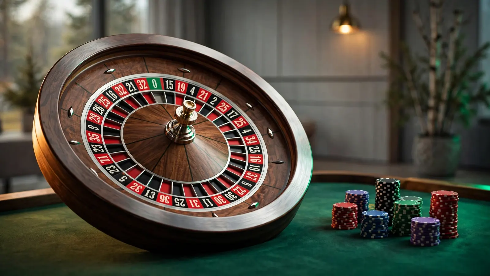 Klassisk europeisk ruletthjul med grønn null og casinofliker på bordet