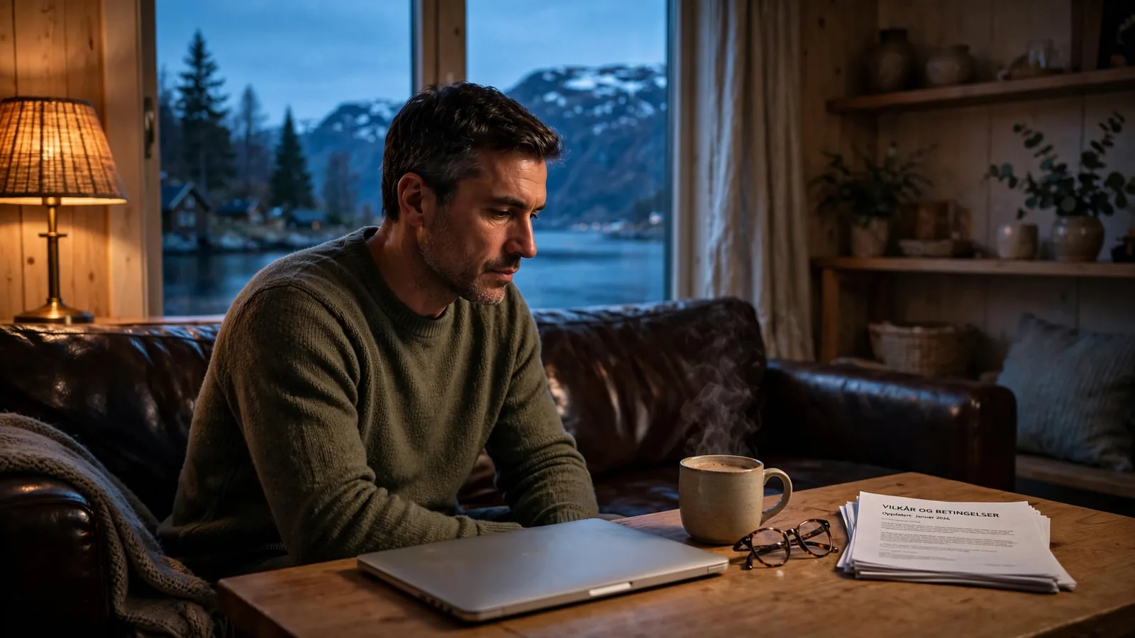 Mann i stue med bærbar PC ved fjord, leser vilkår