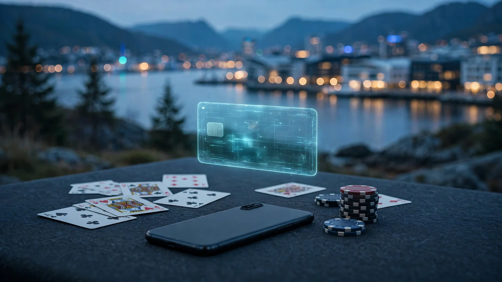 Smarttelefon, spillkort og jetonger ved et casinobord med norsk fjordlandskap i bakgrunnen