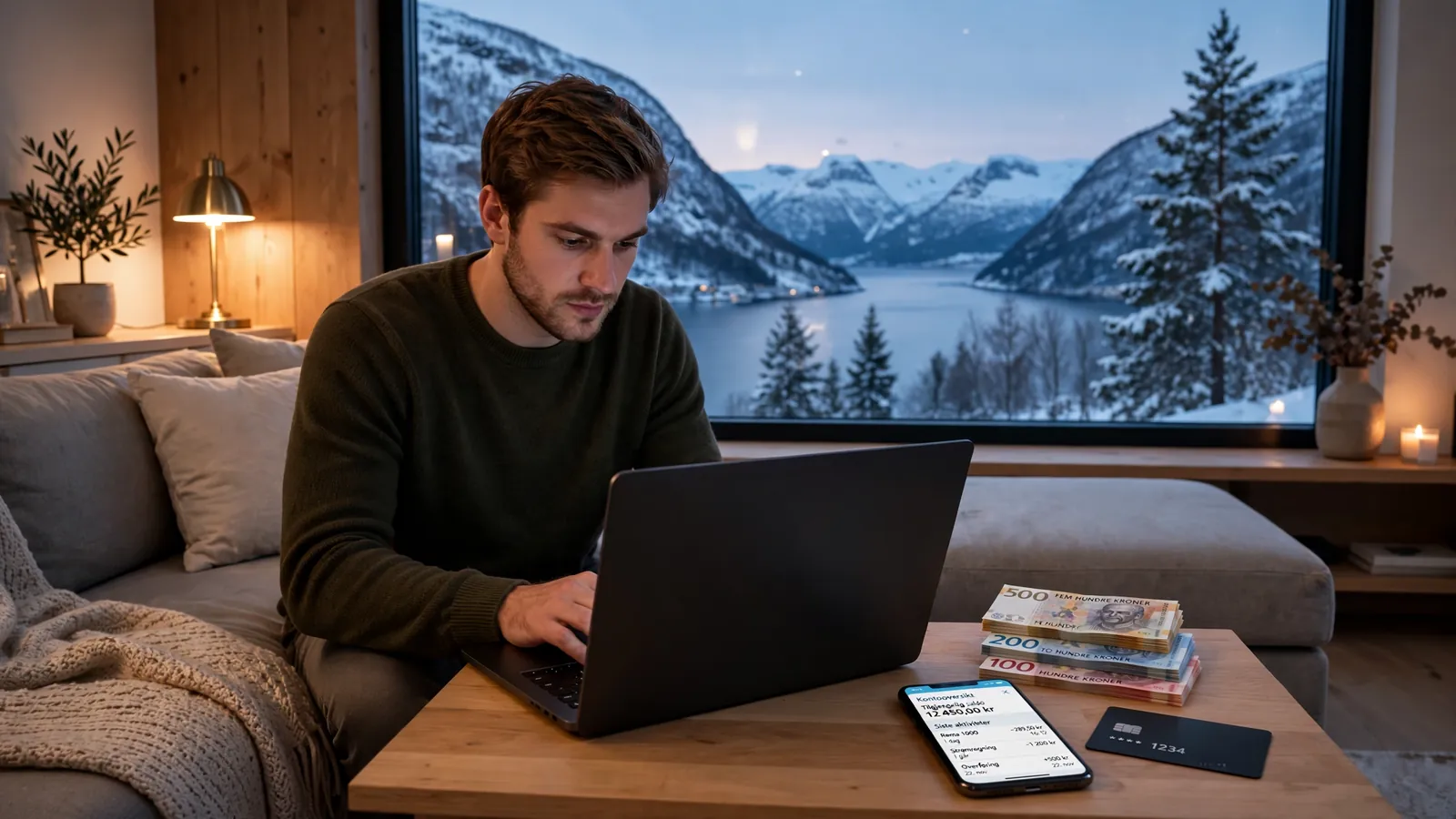 Mann med laptop hjemme, norske kroner og bankkort ved siden av, norsk fjord i vinduet