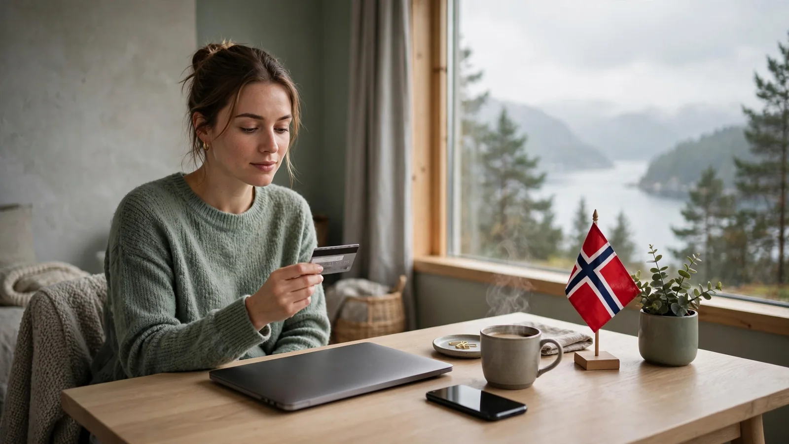 Norsk person ved skrivebord med kort og laptop i koselig nordisk hjem med fjordutsikt