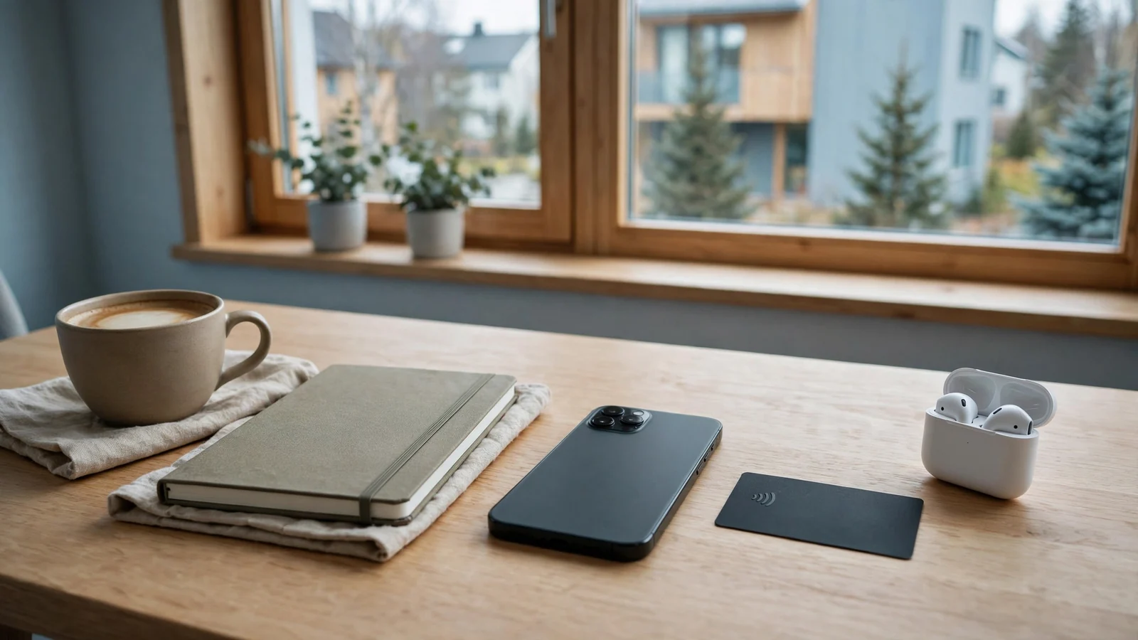 Smarttelefon, Revolut-bankkort og kaffe på et nordisk bord