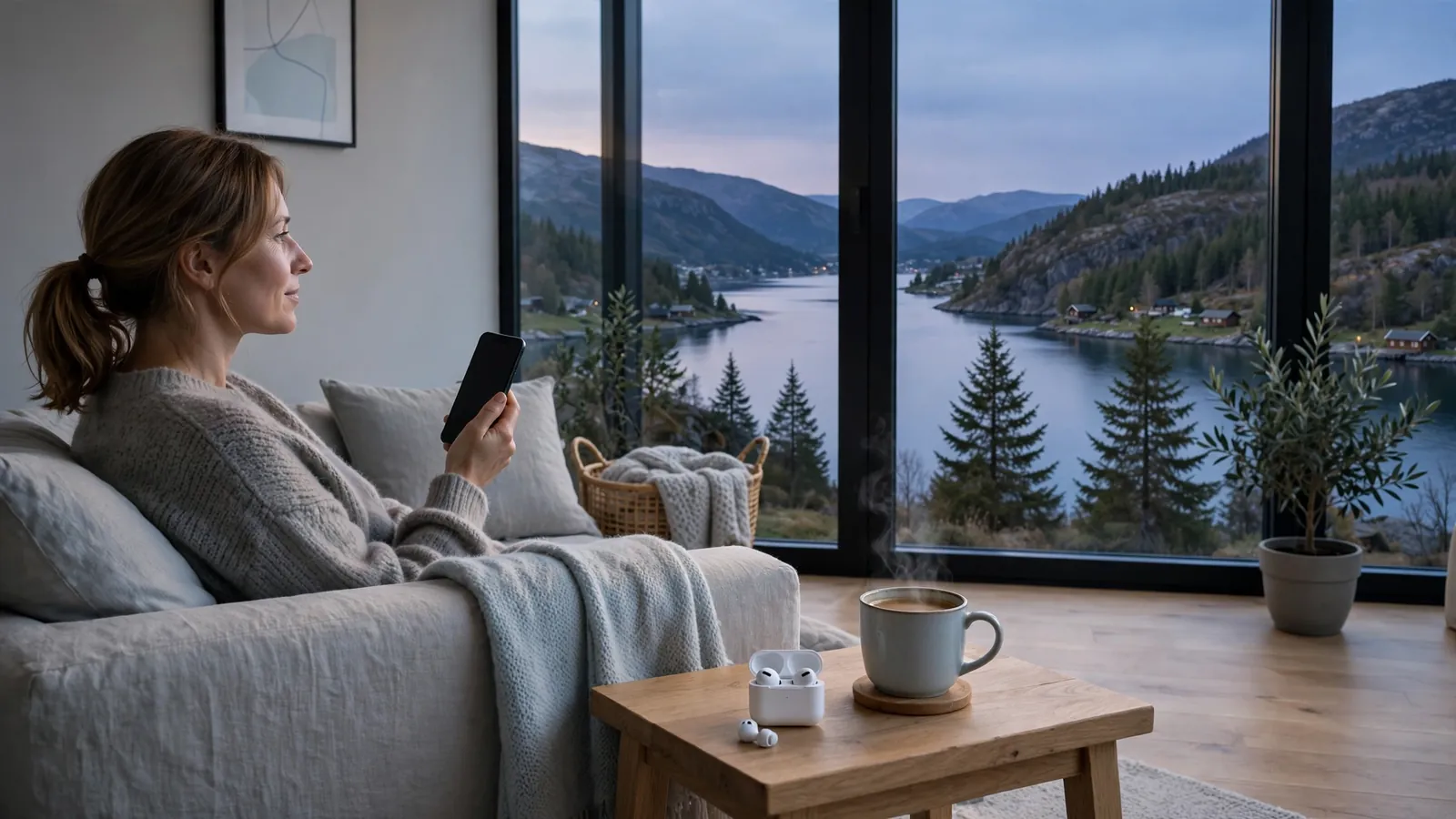 Person med mobil i en moderne norsk stue med utsikt over en fjord