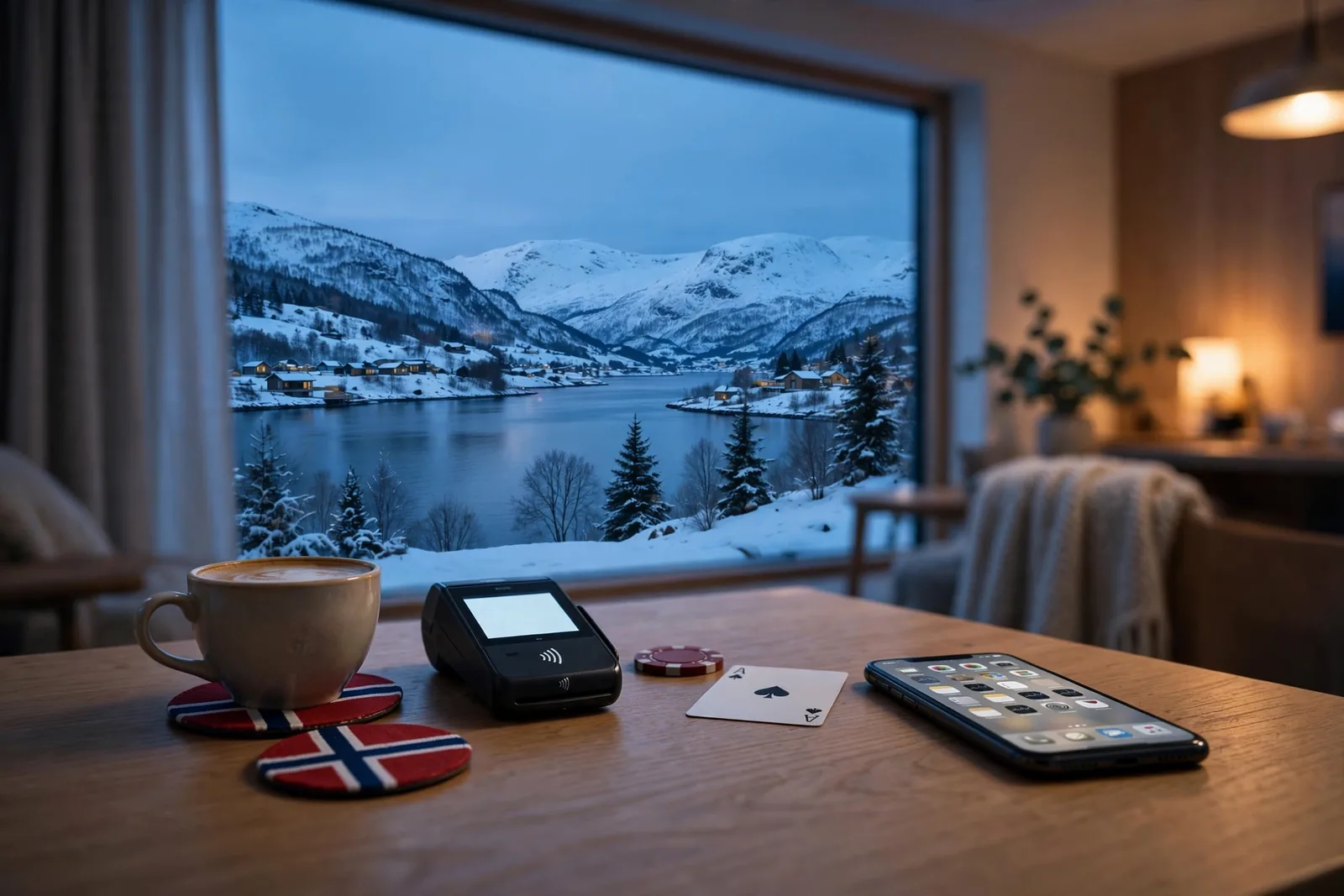 Smarttelefon, betalingsterminal og casinobrikke på bord i norsk hjem