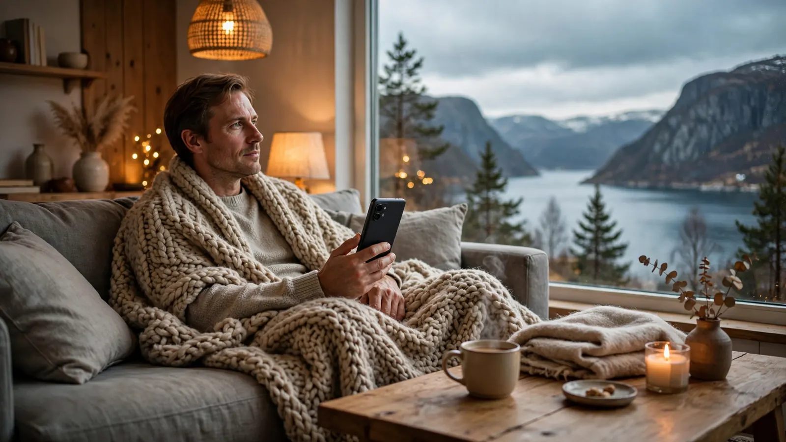 Person som holder en Android-telefon i en koselig norsk stue med fjordutsikt