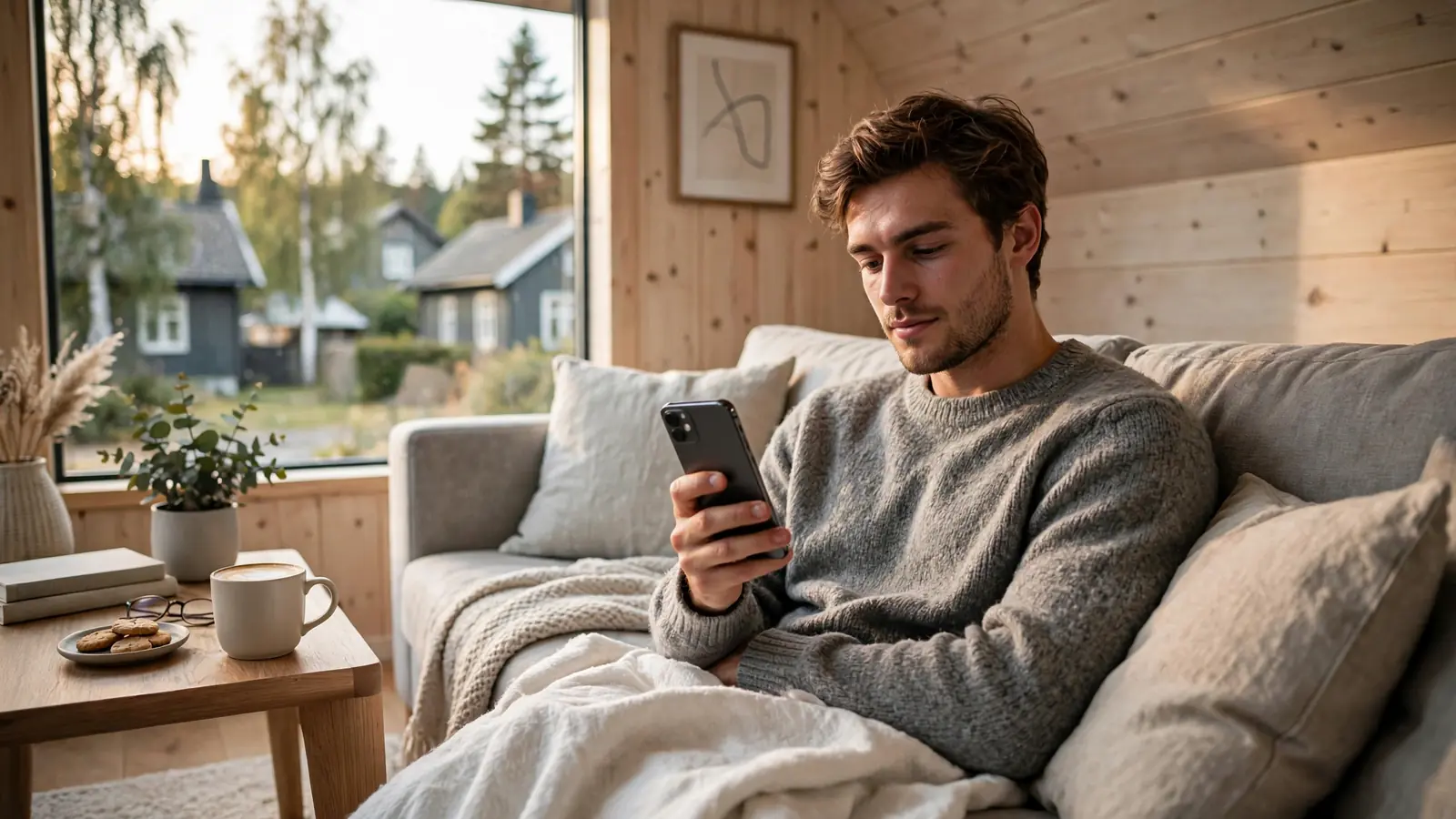 Person som holder en iPhone i en koselig norsk stue