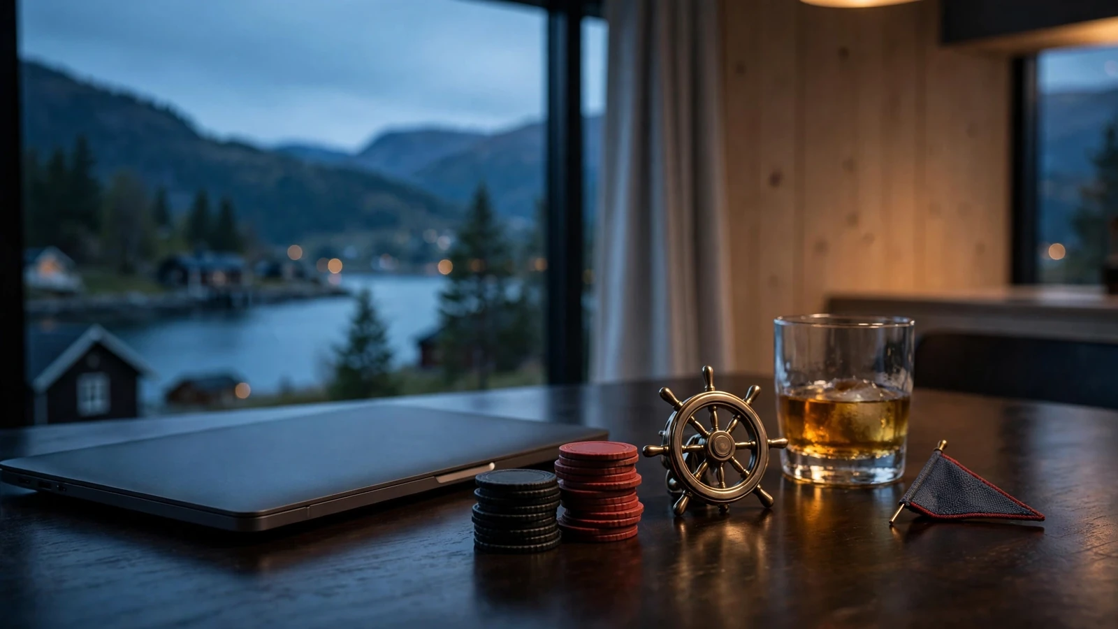 Casinochips og lukket laptop på mørkt nordisk bord