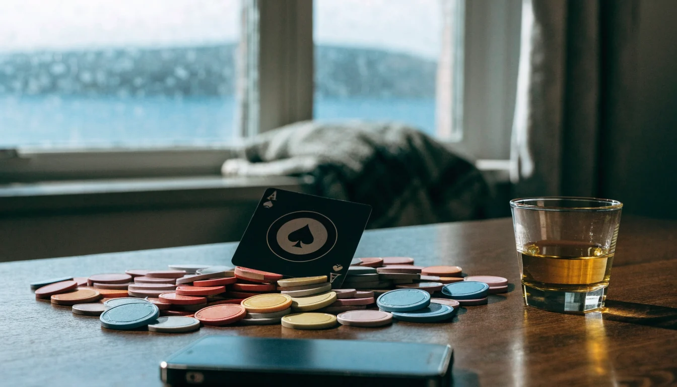 Casinochips, spillkort og akevitt på et norsk bord