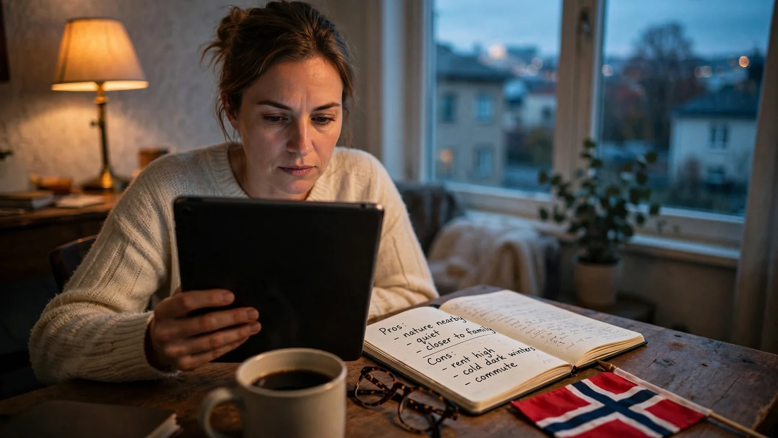 Person som vurderer en casinoside ved et skrivebord i en koselig norsk stue