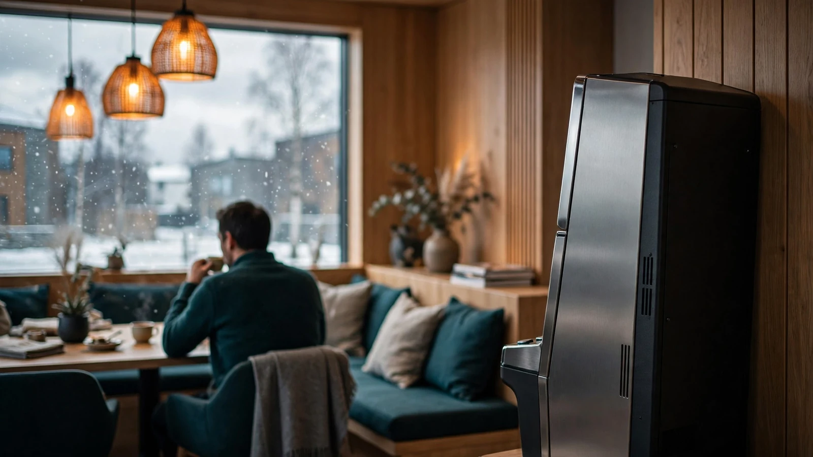 Moderne norsk spillehall i 2026 med spilleautomat og varm skandinavisk belysning