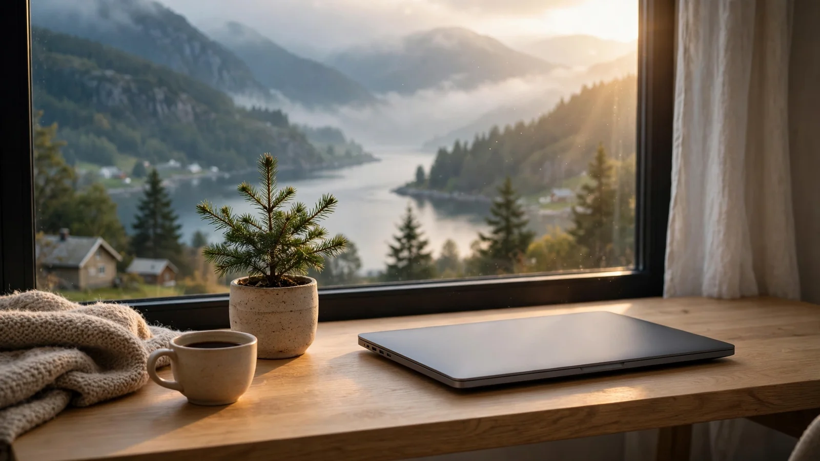 Moderne laptopp på et minimalistisk skrivebord med utsikt over en norsk fjord