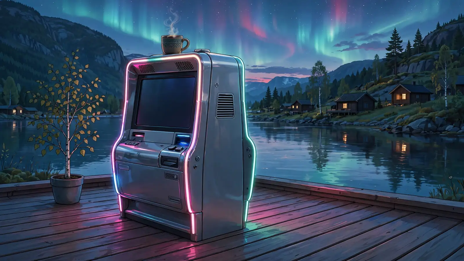 Ny spilleautomat med nordlys på en norsk fjordterrasse