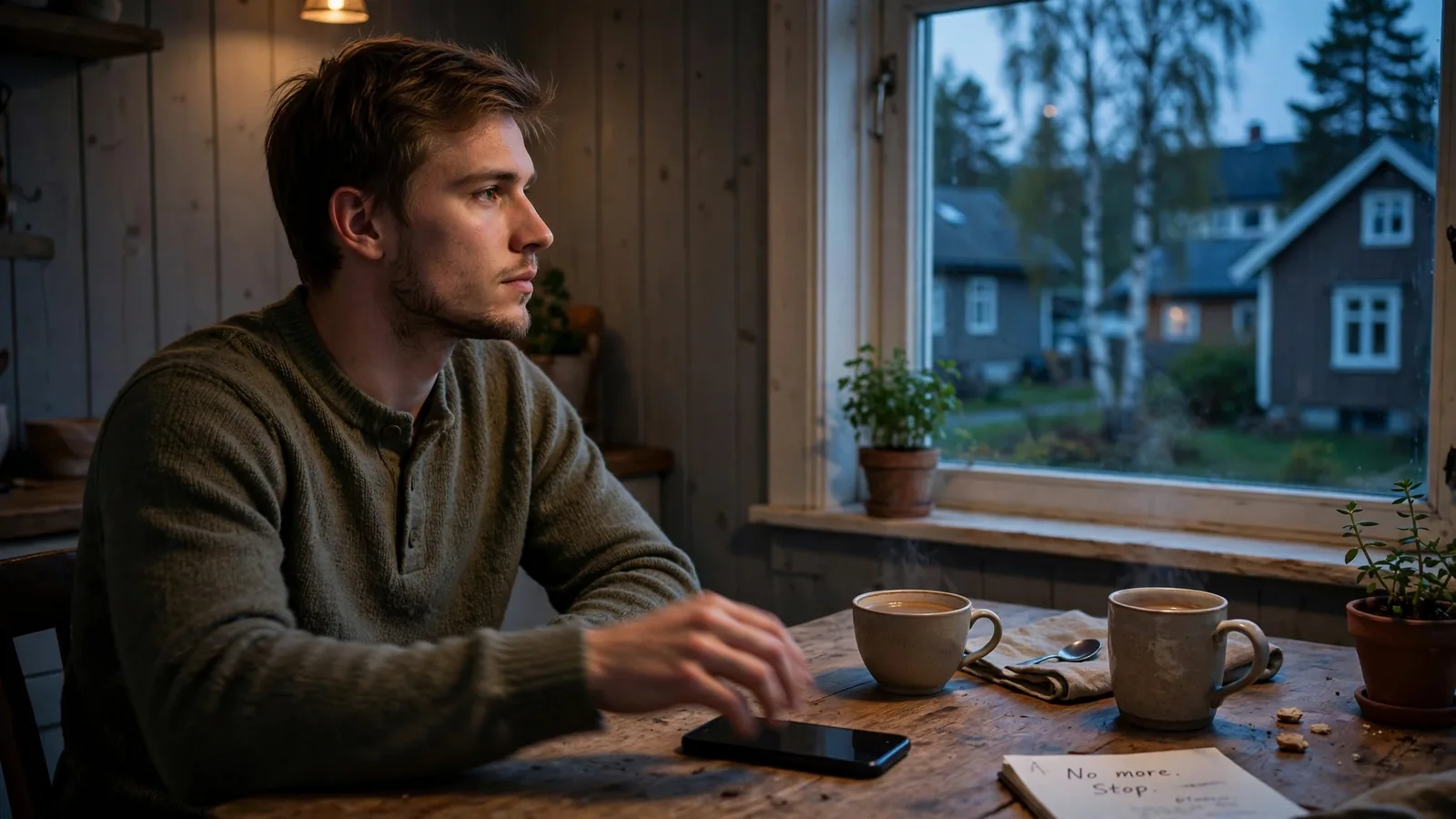 Mann som legger fra seg telefonen og velger å stoppe spillingen