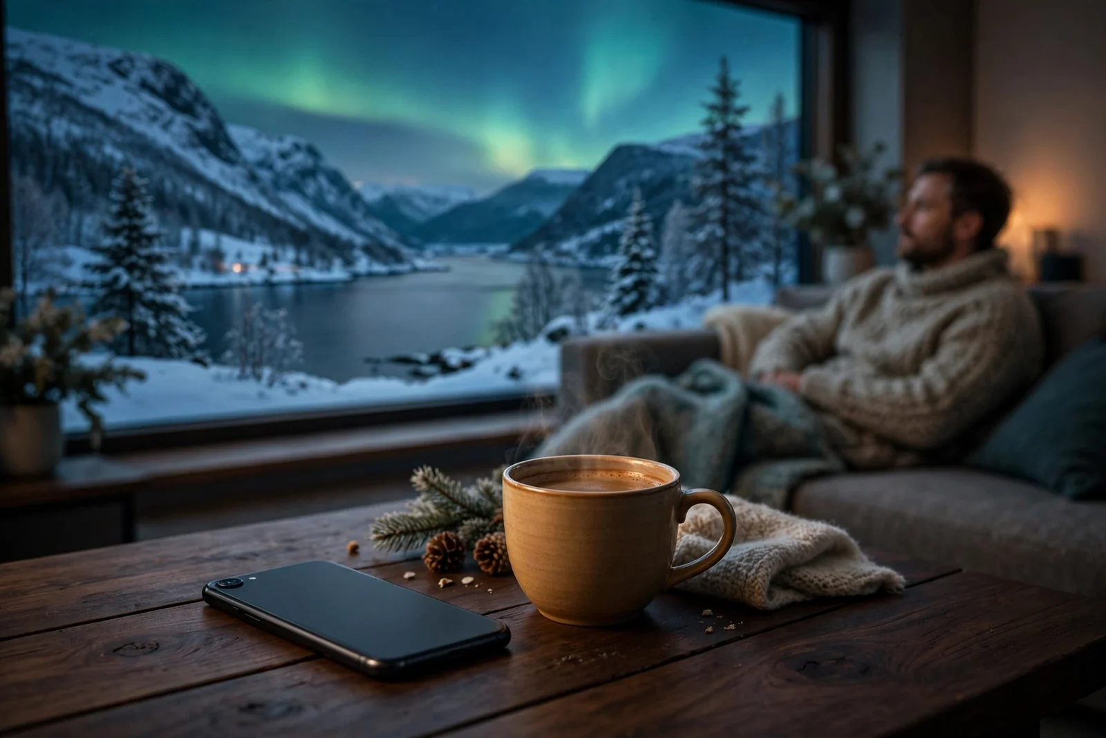 Smarttelefon og kopp kaffe på et norsk fjord-inspirert nattbord med nordlysstemning