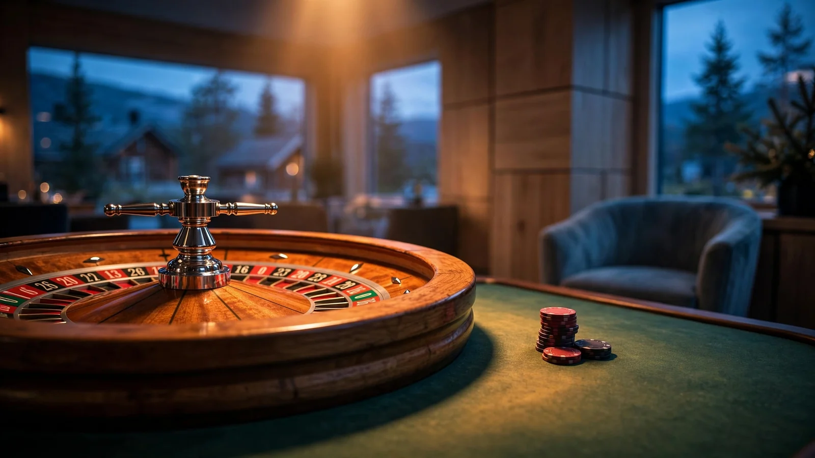 Roulettehjul med casinobrikker på grønt filtbord i varm atmosfære