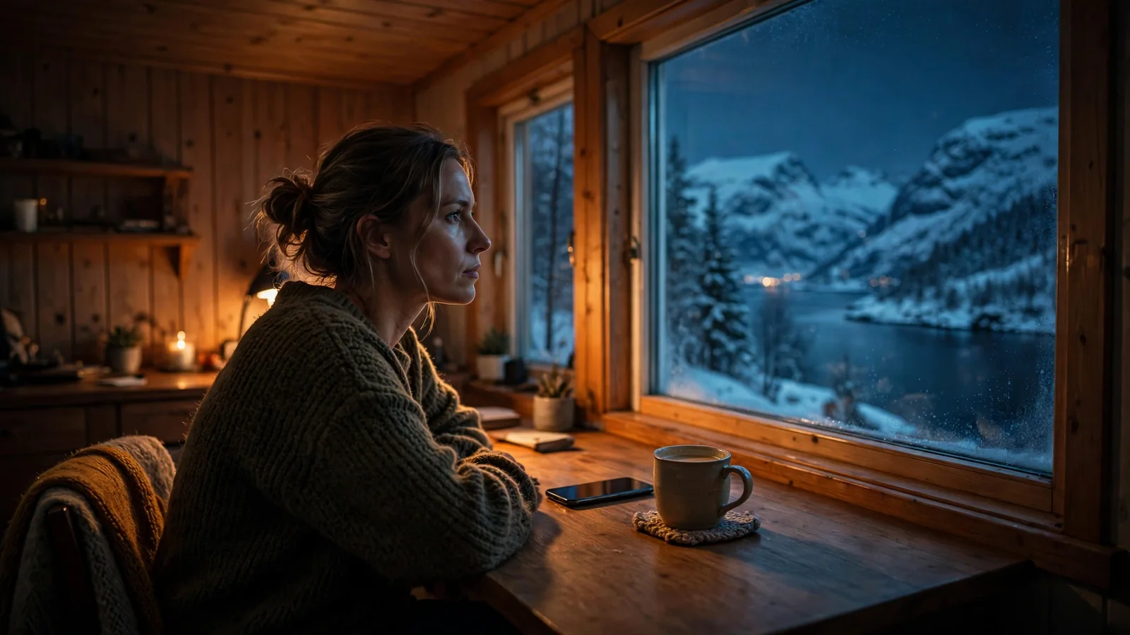 Person ved skrivebord om kvelden med telefon og kaffekopp, norsk vintermørke utenfor vinduet