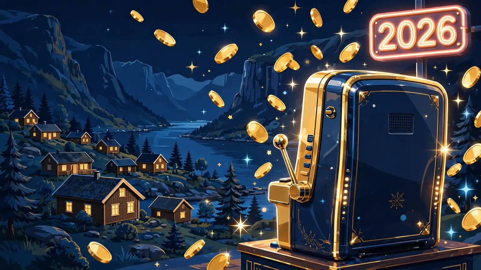 Stiliserte spilleautomat med gullmynter og 2026-merke