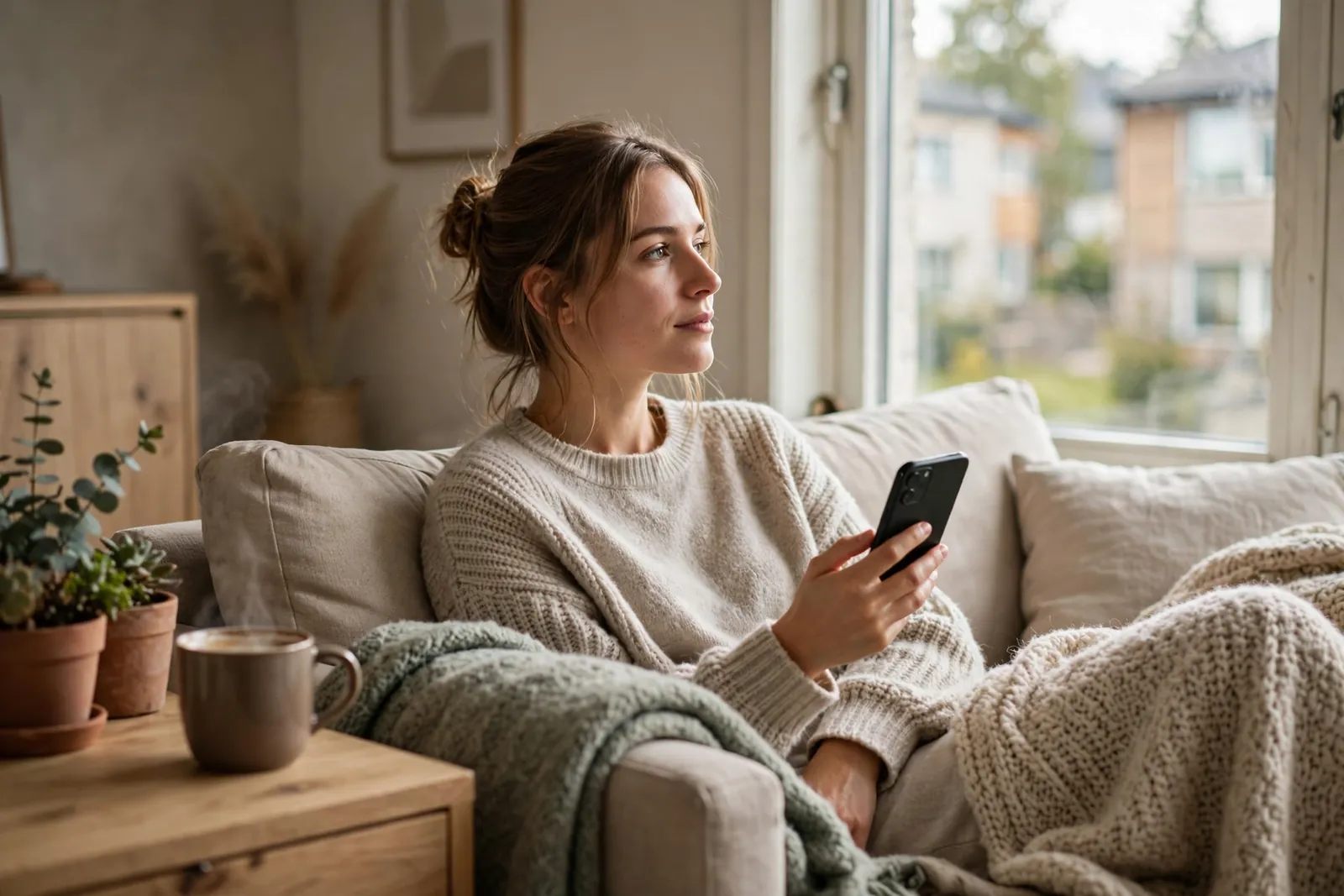 Kvinne slapper av i en norsk stue med kaffekopp og telefon